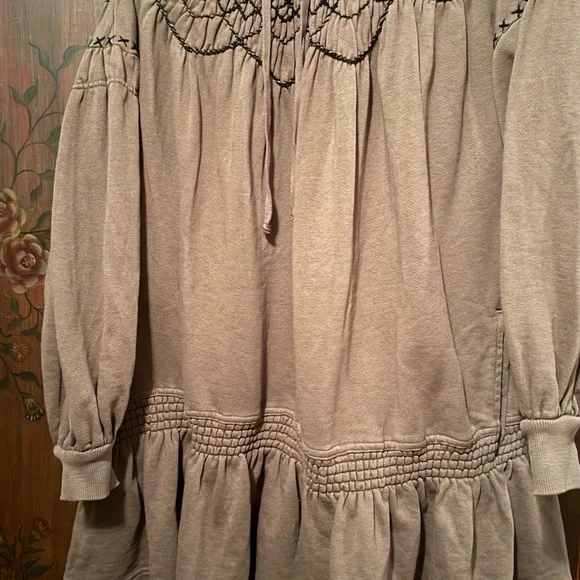marty smocked mini dress Free People Marty Smocked Sweatshirt Hooded Tunic Mini Dress Brown S NEW